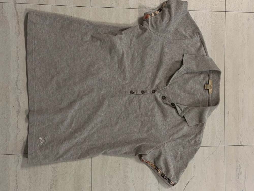 Burberry Brit Women's Grey Cotton Polo Shirt with Nova Check Sleeve Details